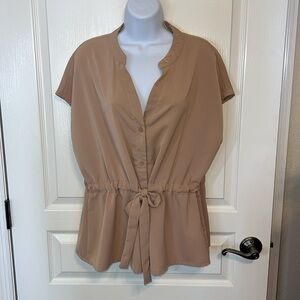 Button Down Peplum Cap Sleeve Blouse Large
